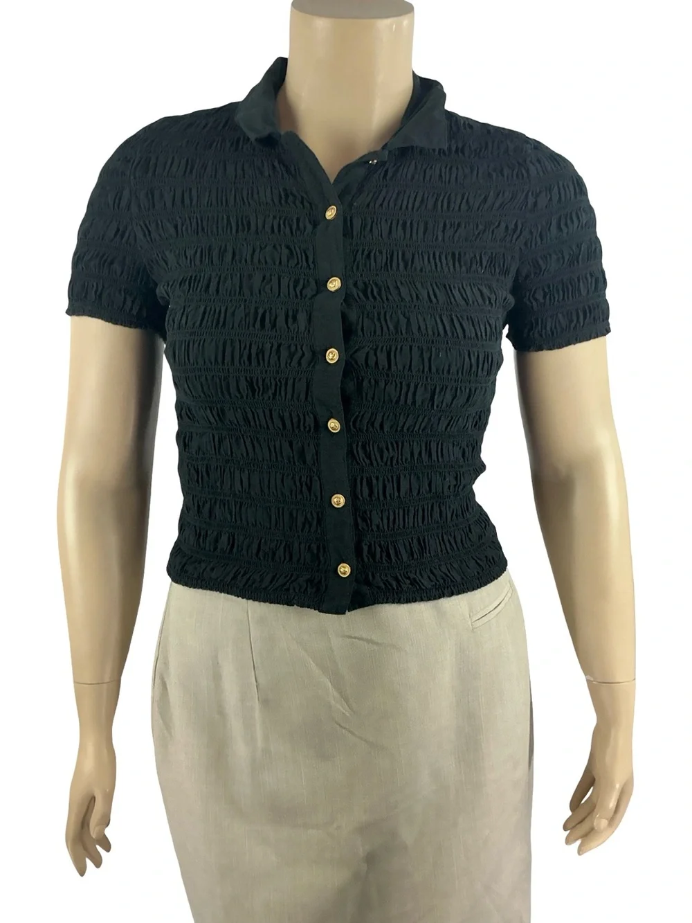 J.Crew Smocked Button-Up Shirt Cotton Blend Voile Black Size L